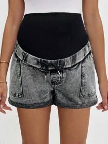 SHEIN Maternity Grey Knit Underbelly & Blue Denim Cuffed Shorts - Light Grey - View 6