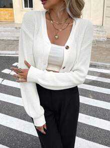 Serisse Solid Drop Shoulder Button Up Crop Cardigan,Knitted Sweater In Fall/Winter White Casual Spring - White - View 3
