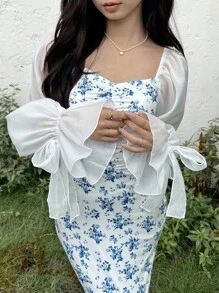 SHEIN Teen Girl Ditsy Floral Ruffle Hem Mermaid Dress Fall Winter - Blue and White - View 4