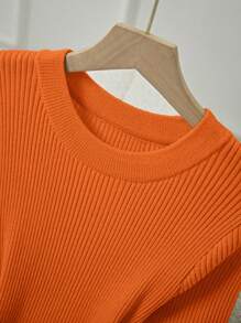 Franclia 女士优雅修身圆领短袖开衩装饰纽扣针织连衣裙，夏季大学针织毛衣 - 橘色 - 查看 3