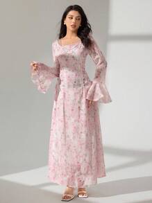 Modelyn Robe longue élégante à manches évasées et taille nouée, mode et charme, printemps/été. Robe en tissu , décontractée et élégante pour femmes en automne, rentrée scolaire, avec patchwork et tissu stretch. - Rose bonbon - Voir 6