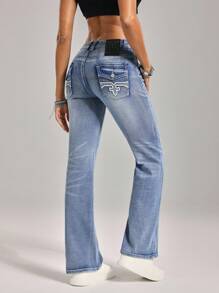 SHEIN Tall 女式刺绣撞色喇叭裤口袋休闲牛仔裤 - 藍色 - 查看 3