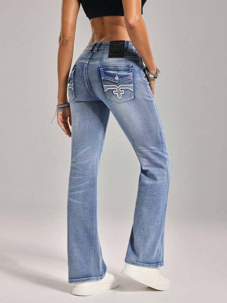 SHEIN Tall Women's Embroidered Contrast Color Flared Leg Pocket Casual Jeans - Blue - View 3