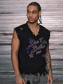 AXEPEAK 男士休闲无袖针织上衣，带有做旧图案印花，适合秋冬穿着 - 黑色 - 查看 6