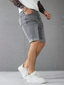 Manfinity Homme Men's Casual Grey Denim Shorts With Versatile Athleisure Design Men Grey Denim Shorts Stretch Washed Slim-Fit Denim Shorts - Grey - View 3