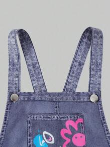 Sparklyn 复古美式拼布印花休闲运动街头涂鸦印花牛仔宽松直筒宽松背带裤