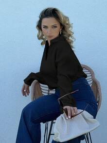 Jeta Ari Solid Color Texture Long Sleeve Shirt With V-Neck - Black - View 7