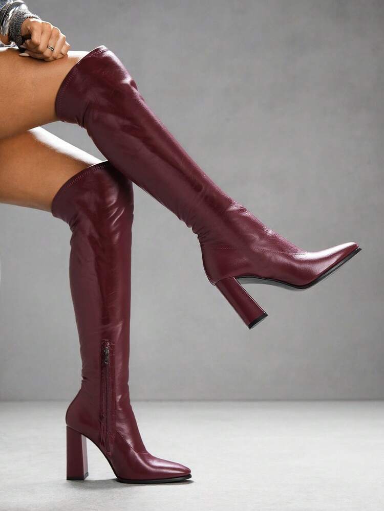 CUCCOO SZL Square Toe Chunky Heel Burgundy Fashion Sexy Super High Over-The-Knee Boots For Women For Christmas Spring Shoes