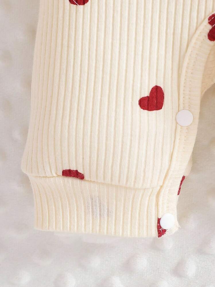 SHEIN Valentine's Day Newborn Baby Heart Print Jumpsuit, Cozy Knitted Casual Jumpsuit With Headband Included Fall Winter - Apricot - View 8