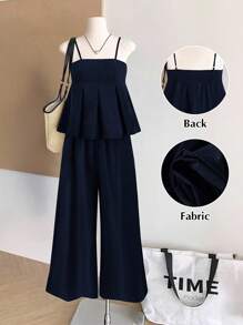 SHEIN LUNE Plus Size Women's Elegant Square Neck Pleated Camisole And Wide Leg Pants Casual Two Pieces Set