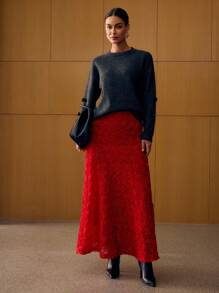 MOTF PREMIUM APPLIQUES BIAS CUT SKIRT - Red - View 3