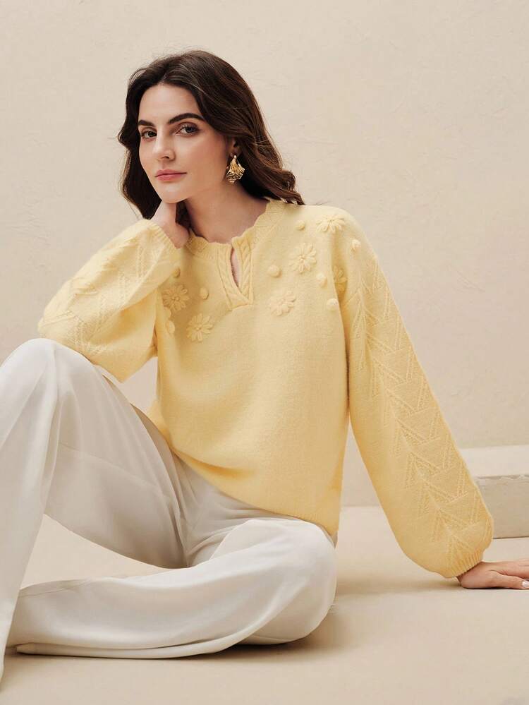 Women's Embroidered Floral Yellow Sweater With Scissor Collar, Fashionable Loose Knit Pullover Top For Spring, Elegant Women's Top