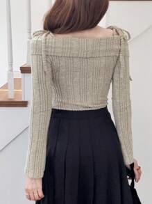 FRIFUL 女式杏色纹理露肩系带肩宽松长袖休闲修身T恤，秋季