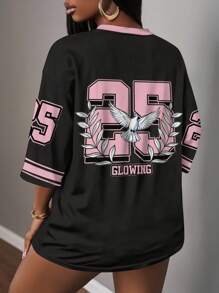 Slaydiva 女士休闲街头风格简约字母数字图案T恤，网眼面料，适合夏季，拼色，街头风格，运动活动 - 彩色 - 查看 2