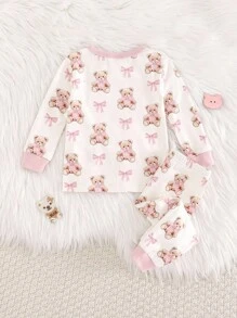 Cozy Pixies Conjunto de Pijama com 2 Peças, Top de Manga Longa Gola Careca e Legging de Cintura Elástica com Estampa de Urso Cartoon para Meninas Bebê