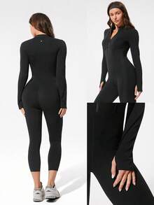 GLOWMODE 24 英寸 FeatherFit™-Air Glow Giver 柔软透气吸汗前拉链罗纹侧板轮廓接缝拇指孔深 V 形后背接缝可拆卸罩杯长袖连体衣低冲击日常运动服 - 黑色 - 查看 9