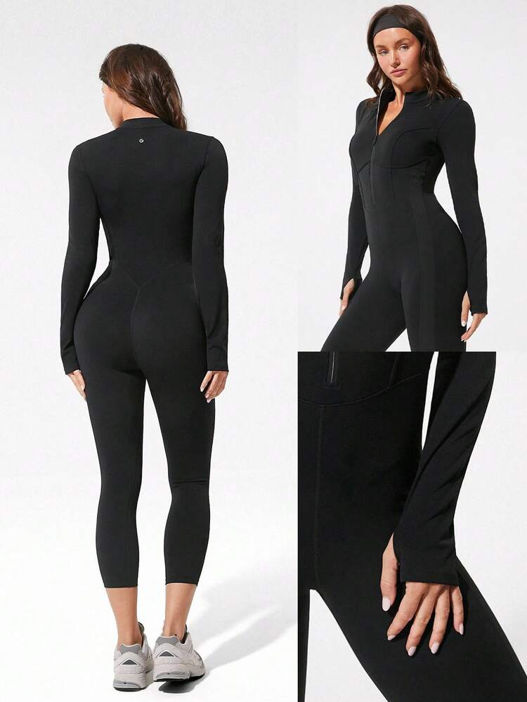 24" FeatherFit™-Air Glow Giver Combinaison à manches longues respirante et absorbante à fermeture éclair frontale, avec panneaux côtés côtelés, coutures galbantes, pouce-trous et échancrure dorsale en V profond. Bonnets amovibles. Tenue active à faible impact pour un usage quotidien