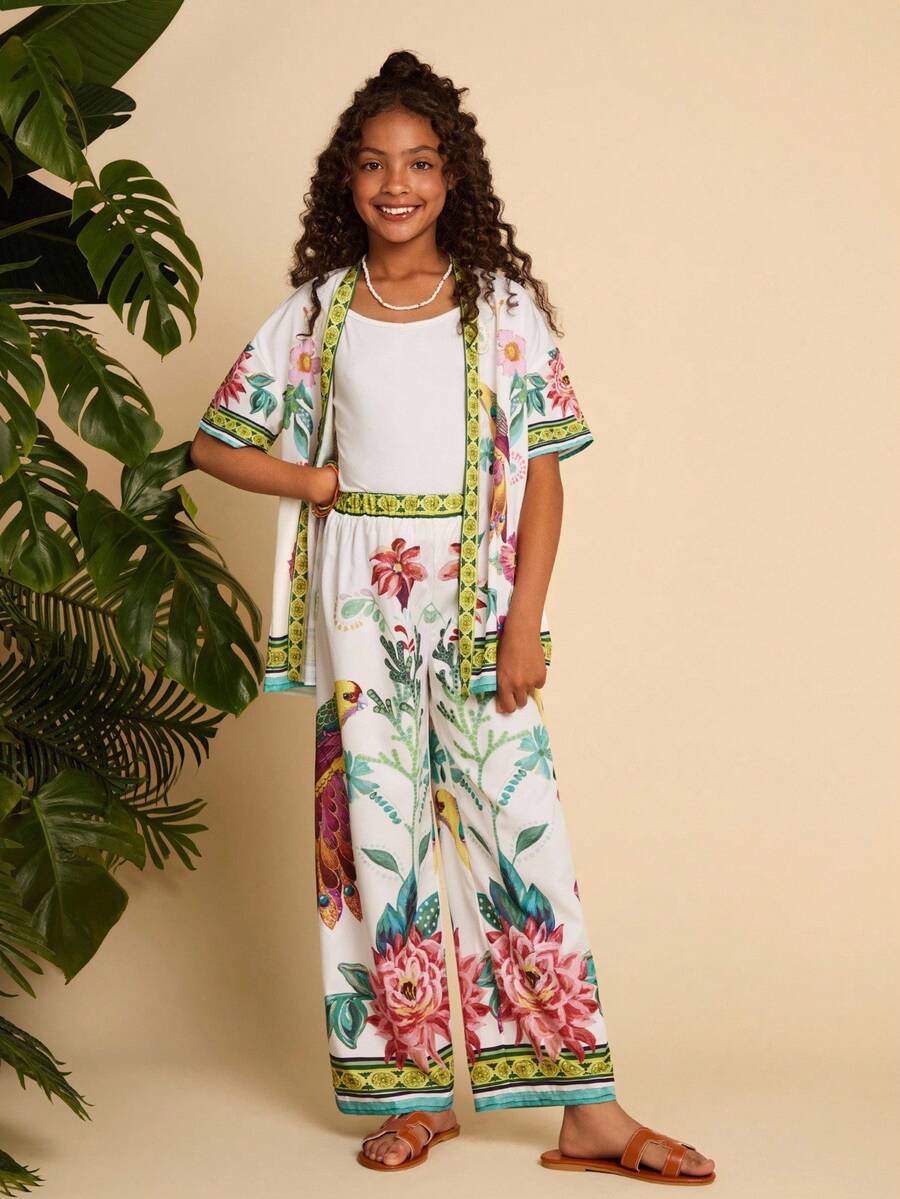 SHEIN 2pcs Tween Girls' Ditsy Floral Cardigan And Pants Set
