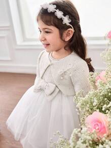 SHEIN Baby Girl Elegant Apricot Tweed Jacket & Mesh Dress Set Fall Winter - White - View 7