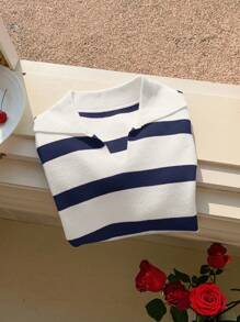 Comfortcana 大码女式条纹宽松针织马球领短袖上衣 - 藍白色 - 查看 4