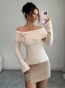 Elenzga Pulover minimalist cu umeri goi pentru femei, culoare solidă, pulover tricotat de zi cu zi, toamnă-iarnă - Kaki - Vizualizare 1