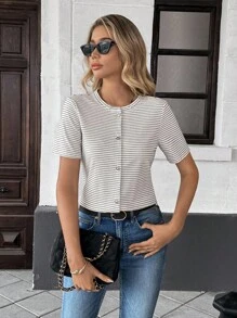 Pariaura Áo thun nữ cổ tròn tay ngắn họa tiết sọc đen trắng thanh lịch kiểu Pháp, trang phục thường ngày mùa xuân/hè cho sinh viên - Đen và trắng - Xem 3