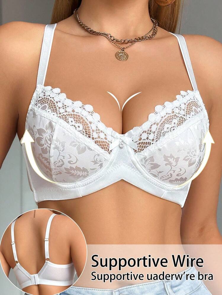 SHEIN 1 件女士优雅蕾丝拼布钢圈文胸 - 白色 - 查看 8