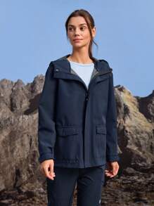 In My Nature 女士休闲纯色简约双口袋连帽户外风衣 - 藏蓝色 - 查看 4