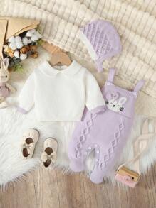 SHEIN Vintaside Kids 女婴针织毛衣，长袖翻领连体衣，连裤袜，秋冬季舒适穿着。粉色和杏色可选，优雅百搭的设计，刺绣卡通图案，适合日常穿着、室内、户外和旅行。 - 彩色 - 查看 3
