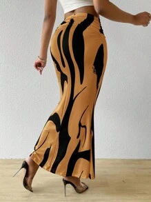 BamGleam Women's Printed Ruched Waist Mermaid Maxi Skirt Fall Cloth For Women - Ginger - View 2