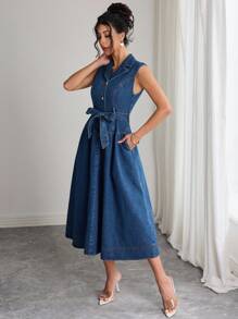 Elenzga 女士休闲无袖牛仔连衣裙，夏季 - 深色水洗藍 - 查看 5