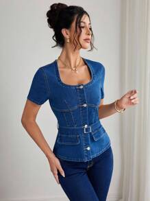 Elenzga Summer Casual Washed Denim Short Sleeve Slim Fit Jacket - Dark Wash - View 1