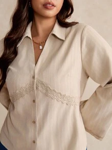 Elaquor Plus Size Women's Fashionable Elegant Lace Patchwork Button Down Long Sleeve Shirt Clothes For Women Spring - Apricot - View 5