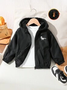 SHEIN 男童连帽羊毛恐龙印花夹克，开学季 - 黑色 - 查看 8