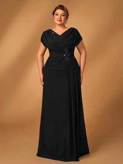 Serin Plus Size Elegant Luxurious Embroidered Navy Blue Pleated A-Line Long Mother Of The Bride Dress