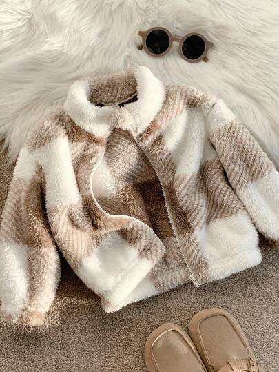 SHEIN Chaqueta con cremallera de cuello alto y peluda a cuadros para bebé unisex, linda y versátil, ropa de bebé para otoño/invierno