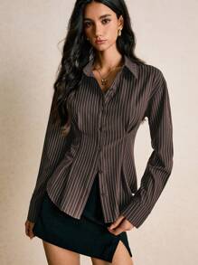 Poéselle 女士衬衫，后腰系带，纽扣闭合，棕色条纹衬衫，长袖休闲衬衫，女士休闲通勤条纹束腰长袖纽扣衬衫，秋季上衣，女士秋季服装，女士冬季服装，女士冬季外出上衣，Y2K复古风，女士纽扣衬衫，女士基础款上衣，教师衬衫 - 棕色 - 查看 5