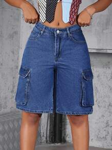 SHEIN Tall 女式宽松休闲工装口袋牛仔短裤 - 中等水洗藍 - 查看 2