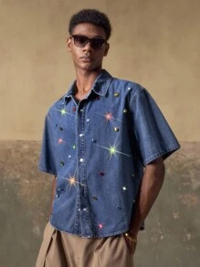 AKNOTIC Men's Woven Casual Loose Fit Short Sleeve Shirt - Medium Wash - View 3