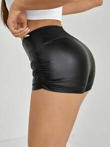 SHEIN PETITE 女士纯色褶皱黑色 PU 皮革短款紧身裤 - 黑色 - 查看 2