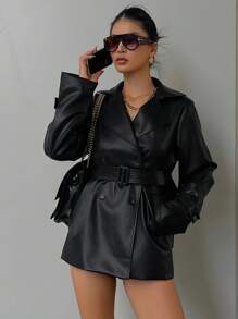 DAZY 女士休闲系带翻领西装外套，常规版型，秋季女式外套 - 黑色 - 查看 4