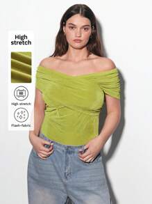 Maija Plus Size Women Casual Basics Off Shoulder Criss-Cross Bodysuit, St. Patty's Day - Mint Green - View 1