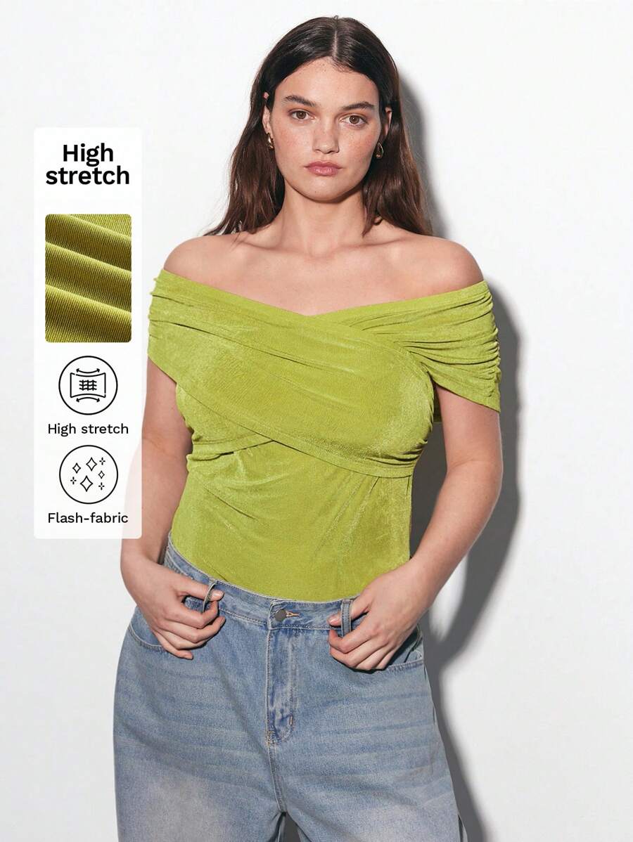 Maija Plus Size Women Casual Basics Off Shoulder Criss-Cross Bodysuit, St. Patty's Day - Mint Green - View 1