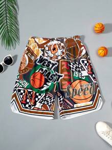 Pantaloni scurți sport cu imprimeu de baschet din plasă pentru adolescenți