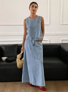DAZY 西部牛仔女装做旧水洗圆领无袖上衣和 A 字开叉裙休闲牛仔两件套女装，春秋季 - 藍色 - 查看 5