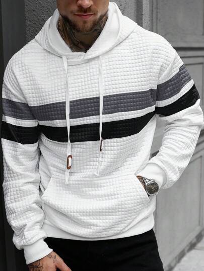 Manfinity CasualCool Men's Premium Textured Dual-Color Striped Drawstring Design Hoodie, Best Gift For Boyfriend Or Husband, Black, Grey & White Combination Men Hoodies Pullover Men Hoodies Casual Men Quilted Hoodie White Hoodie Men Men Striped Hoodie , Fall