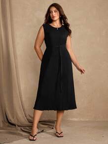 Roveilla Rochie lungă elegantă pentru femei, mărime plus, cu guler rotund, talie strânsă, fără mâneci, stil navetist