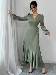 Elenzga 1 件优雅女式连衣裙，采用闪亮面料，交叉荷叶边侧系带细节，荷叶边下摆缎面连衣裙长款女装 - 綠色 - 查看 5