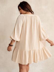 Elaquor 大码夏季简约纹理荷叶边下摆度假连衣裙