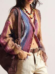 Bohemela Women's Casual Ombre Striped Fringe Hem Cardigan, Suitable For Autumn, Halloween, Christmas,Fall - Multicolor - View 3